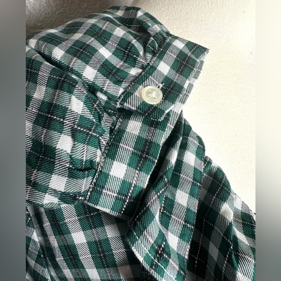 Ann Taylor Blouse Women’s M Green White Metallic Plaid Ruffle Flowy Classic Boho - Picture 4 of 9